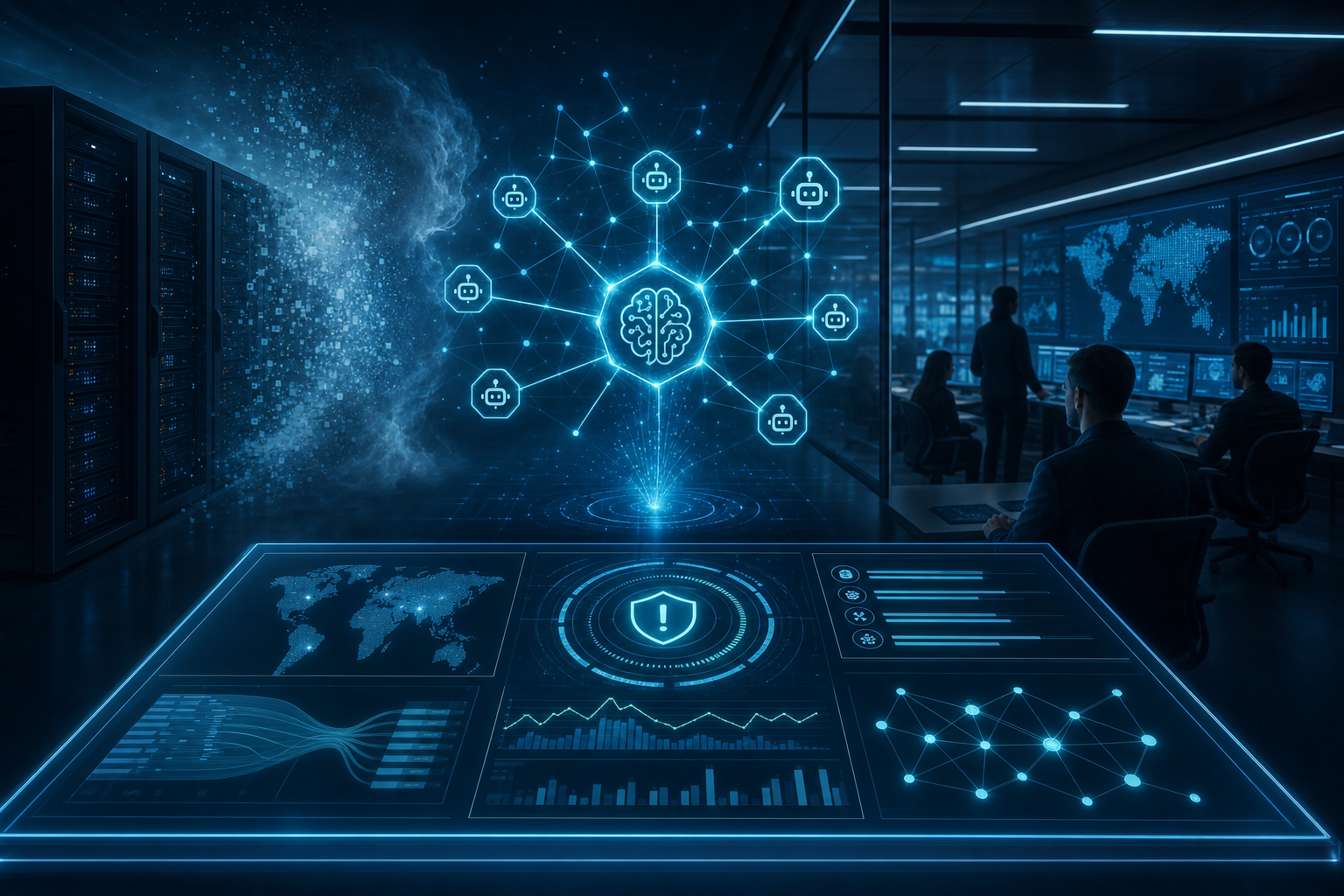 A glowing blue network of autonomous AI agents radiating from a central neural core above a holographic risk and compliance dashboard in a modern enterprise security operations center, with legacy server racks dissolving into a modern data platform, representing the shift from legacy risk platforms to agentic AI GRC for SAP environments.