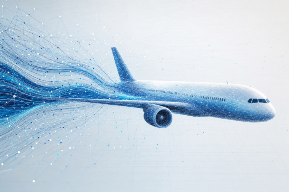 A modern wide-body commercial aircraft rendered as a blue-and-white digital wireframe forming from flowing data streams, representing aerospace SAP ERP data integration across engineering, manufacturing, and supply chain operations.
