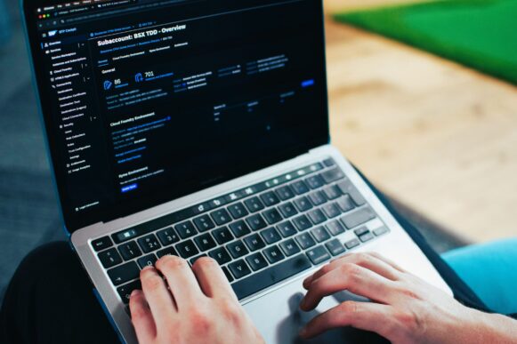 An enterprise architect navigating a glowing digital catalog of interconnected SAP Business AI missions and reference architectures, representing how SAP Discovery Center guides customers like Agilent and Sutherland in selecting and reusing AI use cases.