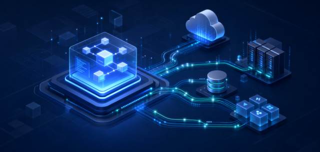 Glowing isometric central control hub connected by luminous data lines to a cloud platform, on-premise server racks, a database, and application nodes, representing BMC Control-M unified orchestration across hybrid SAP and non-SAP environments.