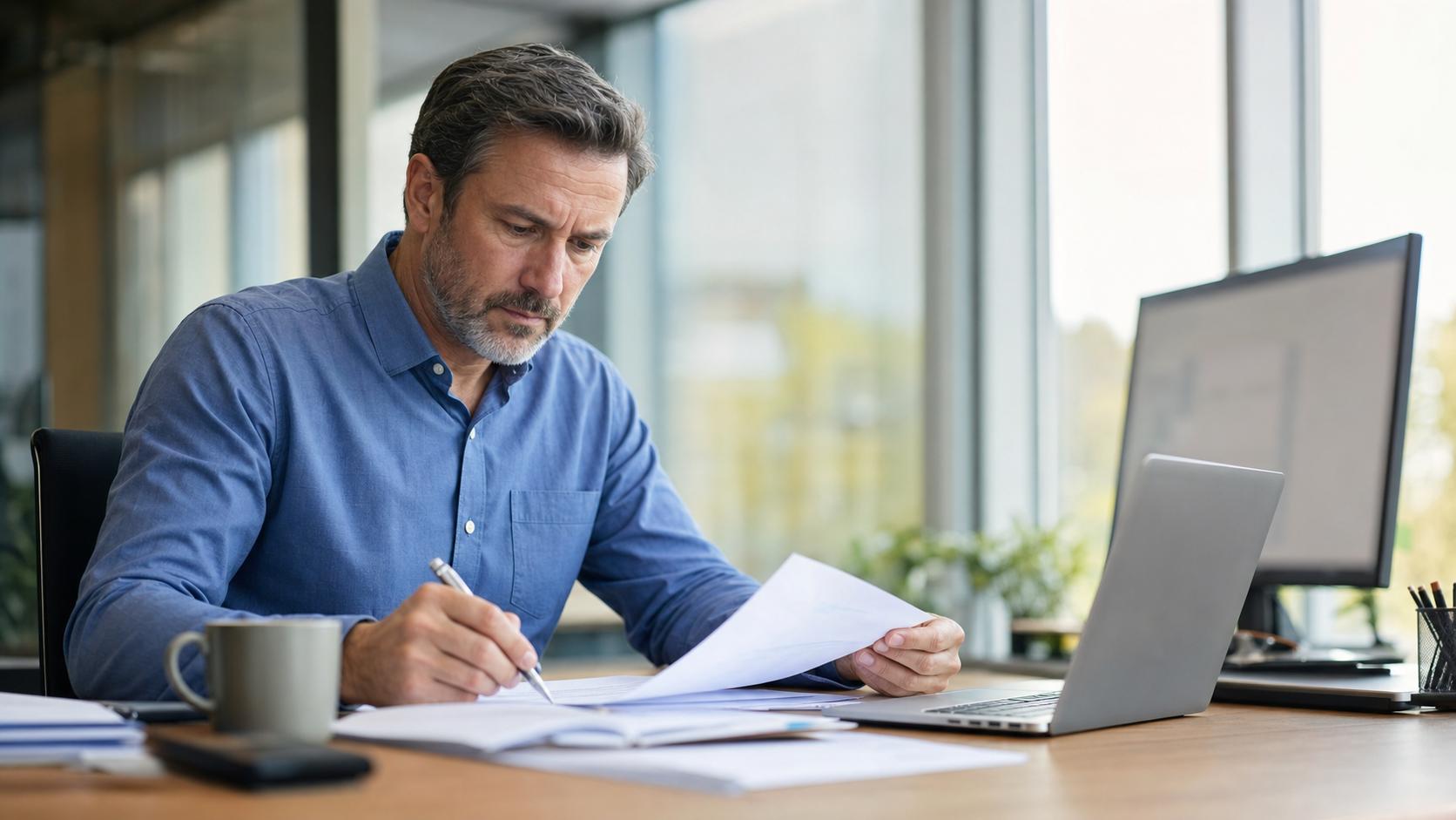 A focused payroll and finance manager reviewing printed documents with a pen at a modern office desk beside a laptop, representing careful 2026 SAP US Payroll tax compliance and reconciliation work.