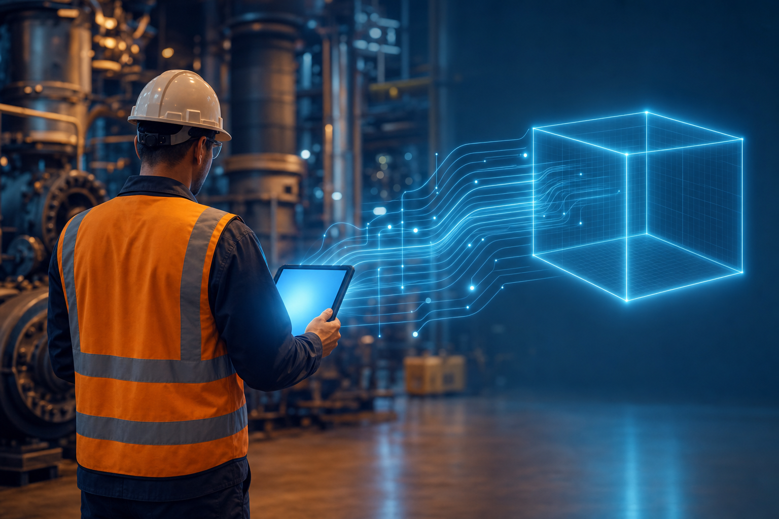 A manufacturing maintenance technician in a hard hat and high-visibility vest on a heavy-industry shop floor holding a rugged tablet, with a blue holographic data stream flowing from the device into a glowing pristine wireframe cube, representing offline field mobility feeding a clean, untouched SAP S/4HANA core.