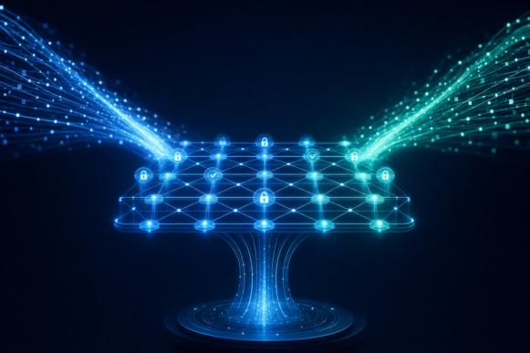 Two converging streams of blue and teal data flowing into a glowing, unified governed data lattice marked with padlock and checkmark icons, representing Collibra governance across the SAP Databricks and Snowflake engines that power SAP Business Data Cloud.