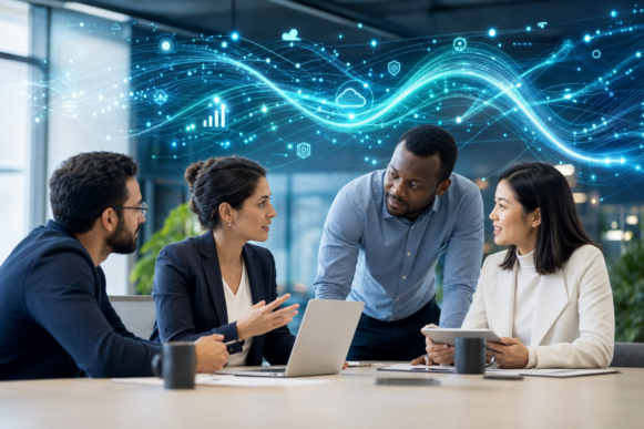 A diverse team of IT professionals collaborating around a table beneath an abstract glowing blue visualization of flowing data streams and connection nodes, representing data as a strategic asset, cloud platforms, and intelligence-led transformation in the IT industry.