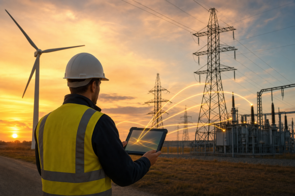 A field service technician in a hard hat and hi-vis vest holding a rugged tablet at golden hour, with glowing data lines connecting a wind turbine, power transmission towers, and a substation, representing Evora IT Solutions' SAP enterprise asset management, field service, and IoT integration work for energy and utilities.