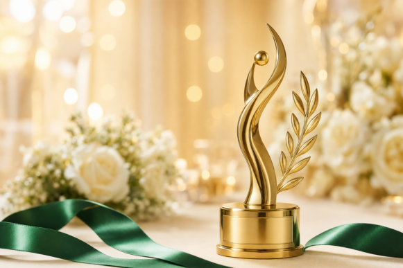 A warm golden award trophy shaped like a human figure reaching upward beside a golden laurel branch, set against soft champagne lighting, white florals, and an emerald-green ribbon, representing SAP's sponsorship of the EY Entrepreneur Of The Year 2026 program and the SAP-EY partnership.