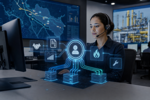 A natural gas utility call center agent wearing a headset views a glowing 360-degree holographic customer dashboard with billing, contract, consumption, and service-status panels flowing into back-end core-system data blocks, representing SAP Sales and Service Cloud for Utilities integrated with SAP CCS and SAP ECC.