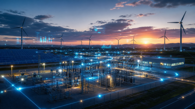 Modern utilities company infrastructure with power grid, substation, wind turbines, and digital data overlay representing SAP ERP modernization in the energy transition.