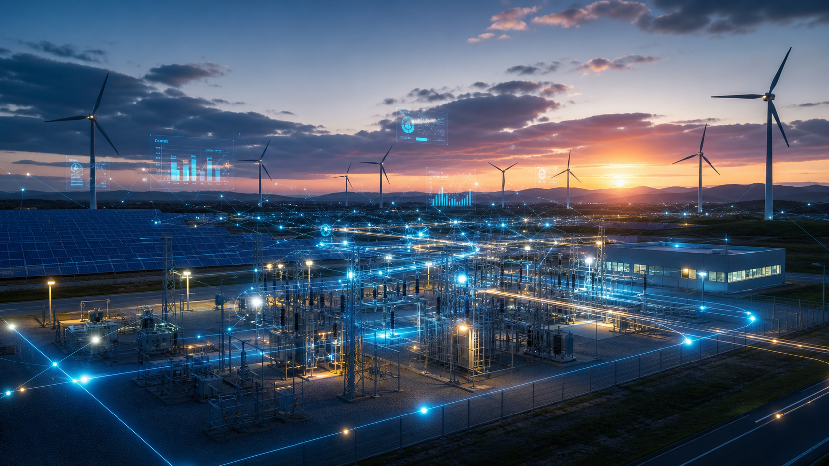 Modern utilities company infrastructure with power grid, substation, wind turbines, and digital data overlay representing SAP ERP modernization in the energy transition.
