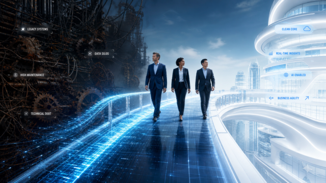 Business executives crossing a glowing digital bridge from legacy systems to a clean, AI-enabled SAP S/4HANA core.