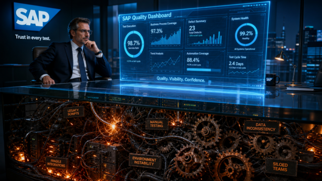 An executive looks confidently at a glowing holographic SAP Quality Dashboard showing high success rates, while underneath the desk, a tangled mess of wires, rusty gears, and warning labels reveals the chaotic reality of manual testing and fragile integrations.