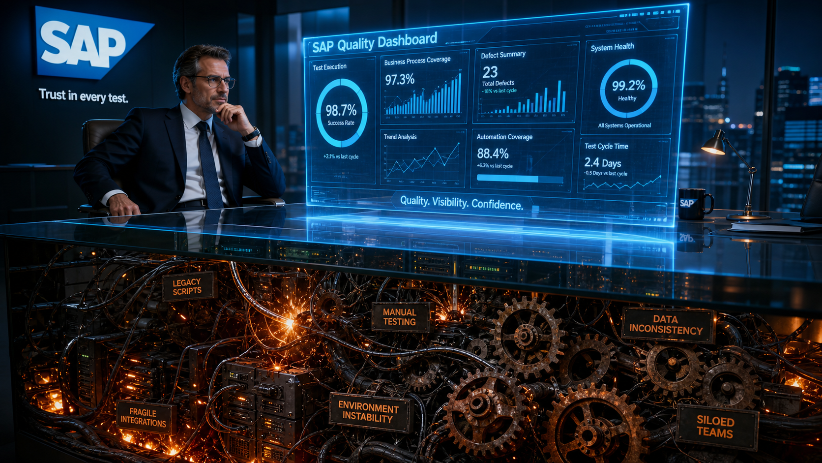 An executive looks confidently at a glowing holographic SAP Quality Dashboard showing high success rates, while underneath the desk, a tangled mess of wires, rusty gears, and warning labels reveals the chaotic reality of manual testing and fragile integrations.