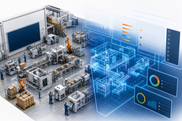 3D isometric illustration of a modern manufacturing facility split between a realistic physical shop floor and a digital wireframe ERP model displaying capacity planning charts.