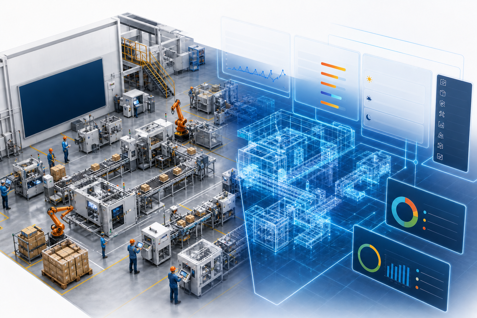 3D isometric illustration of a modern manufacturing facility split between a realistic physical shop floor and a digital wireframe ERP model displaying capacity planning charts.