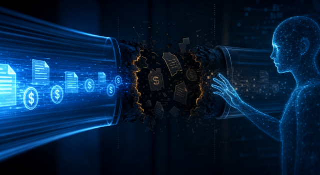 A glowing blue SAP cash-flow pipeline of invoice documents and currency symbols fragmenting into a dark blockage of trapped, unbilled invoices, with a translucent AI assistant figure reaching toward the gap but unable to illuminate it, representing how SAP Joule cannot see uninstrumented Order-to-Cash data.