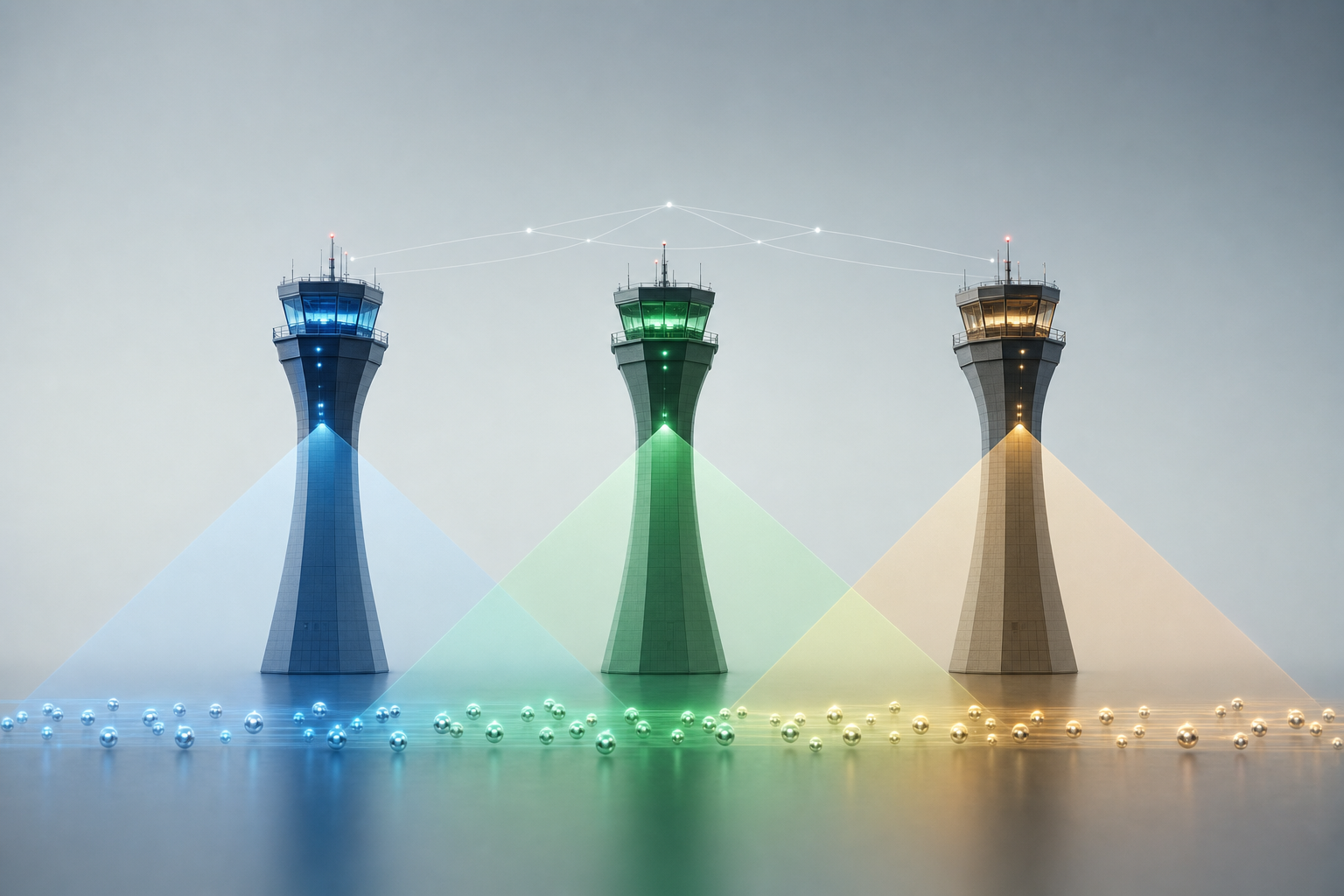 Three differently colored control towers each casting a governance beam over one shared stream of glowing AI agents, with the beams overlapping ambiguously in the middle, illustrating the multi-platform AI control-plane challenge for SAP teams across SAP Business AI, Gemini Enterprise, and ServiceNow.