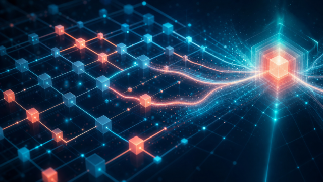Abstract teal and coral three-dimensional grid of connected nodes where highlighted paths light up and flow toward a glowing central cube, representing impact analysis that focuses SAP S/4HANA regression testing only on the processes a change affects.