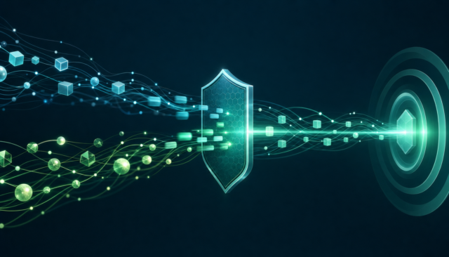 Abstract visualization of two glowing data pipelines in teal and emerald green converging through a central protective shield checkpoint that validates data packets before they reach a target, representing Int4 Shield automated regression testing for SAP PI/PO to Integration Suite migration.