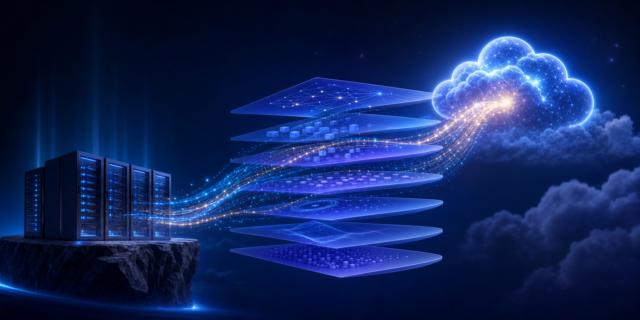 Abstract visualization of glowing royal-blue and indigo data streams flowing from an on-premise data center on a grounded base, up through stacked translucent technology-stack layers, and into a luminous cloud, representing Kyndryl's full-stack RISE with SAP migration of Alpina to SAP Cloud ERP Private on AWS.