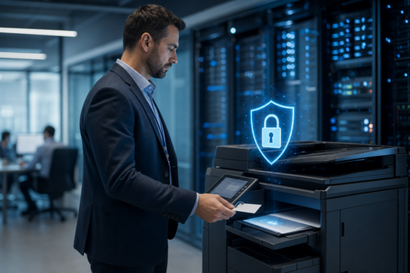 Business professional authenticating with a security access badge at a networked enterprise printer in a corporate data center, with a glowing blue digital lock and encryption shield over the output tray, representing secured SAP document output and end-to-end encryption.