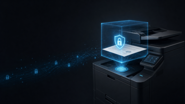 A sensitive document held inside a glowing encrypted blue secure-release container above an enterprise multifunction printer, with a biometric authentication glow and an encrypted print queue streaming in, illustrating secure output management for SAP document security.