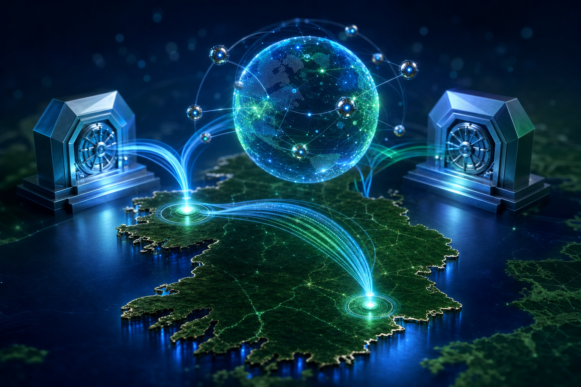 Glowing blue and green holographic data globe hovering over a map of Ireland with two luminous network nodes at Cork and Galway, flanked by vault-like sovereign cloud structures and orbiting AI agent particles, representing OpenText's investment in sovereign cloud and agentic AI for SAP and EMEA enterprises.