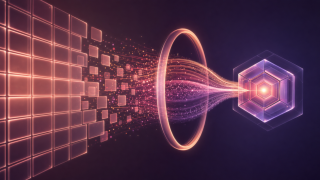 Abstract visualization of a glowing coral and rose spreadsheet grid dissolving into streams of data particles that pass through a luminous governance ring and converge into a secure crystalline hexagonal core, representing Precisely's governed, no-code SAP automation from Google Sheets in Automate Studio.