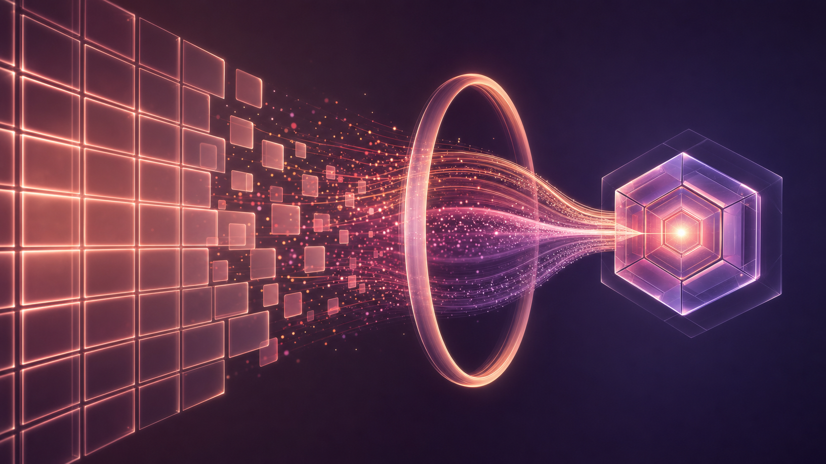 Abstract visualization of a glowing coral and rose spreadsheet grid dissolving into streams of data particles that pass through a luminous governance ring and converge into a secure crystalline hexagonal core, representing Precisely's governed, no-code SAP automation from Google Sheets in Automate Studio.