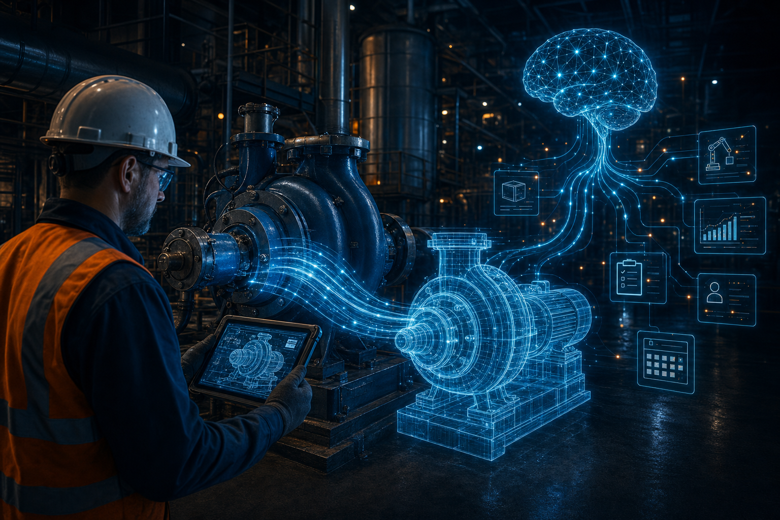 A maintenance technician in a hard hat and safety vest inspects an industrial centrifugal pump while capturing structured data on a mobile tablet, with glowing real-time data streams flowing into a holographic digital twin and an AI core that orchestrates work orders and inventory, representing SAP predictive maintenance and the Autonomous Enterprise.