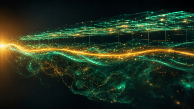 Abstract emerald and gold conceptual visualization of a single luminous data pathway flowing through a modular clean-core lattice layer, representing Qubittron's AI-native, end-to-end SAP delivery model and SAP BTP architecture.