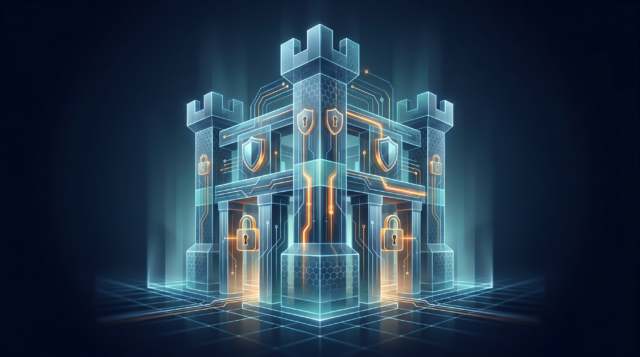 A glowing semi-transparent digital fortress built from circuit lines and hexagonal patterns, guarded by illuminated padlocks and shield icons on a dark blue tech grid, representing SAP-native security and compliance built into the S/4HANA clean core during modernization.