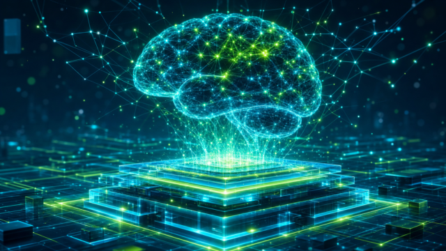 Abstract visualization of a glowing layered foundational platform in cyan and lime green supporting a luminous neural-network brain rising from it, fed by ascending data streams, representing Resolve Tech Solutions' Juno Labs building production AI extensions on a solid SAP BTP foundation.