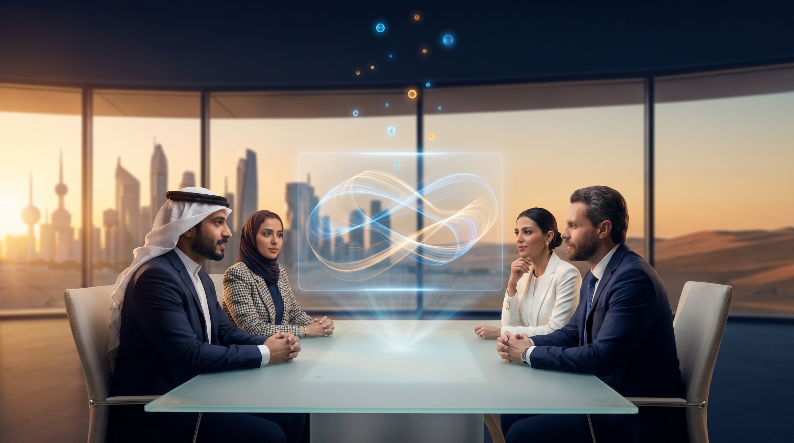 A diverse group of Middle Eastern and African business professionals collaborating around a glowing holographic data flow, with a Gulf city skyline merging into a desert horizon at dawn and AI agent particles orbiting above, representing the human side of RISE with SAP and the autonomous enterprise.