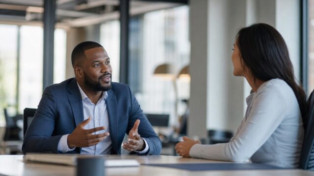 A manager and an employee sitting across a table in a bright modern office, engaged in a constructive, evidence-based performance conversation, illustrating the human element of SAP Joule-assisted performance management where managers keep ownership of the judgment.