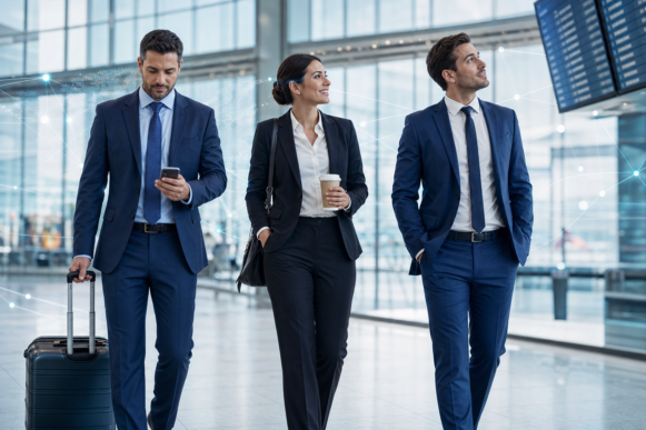 Three professional business travelers walking through a modern airport terminal with faint blue digital connection lines in the background, representing SAP Concur spend management, travel governance, and duty of care in the 2026 SAP Concur Global Business Travel Survey.