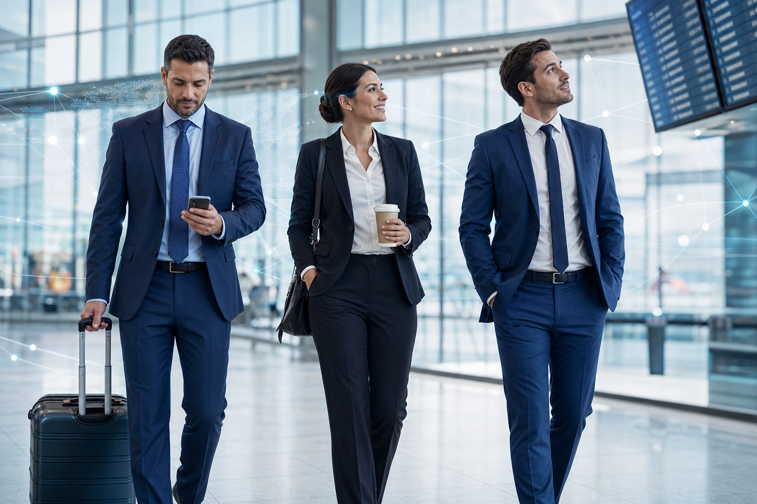 Three professional business travelers walking through a modern airport terminal with faint blue digital connection lines in the background, representing SAP Concur spend management, travel governance, and duty of care in the 2026 SAP Concur Global Business Travel Survey.