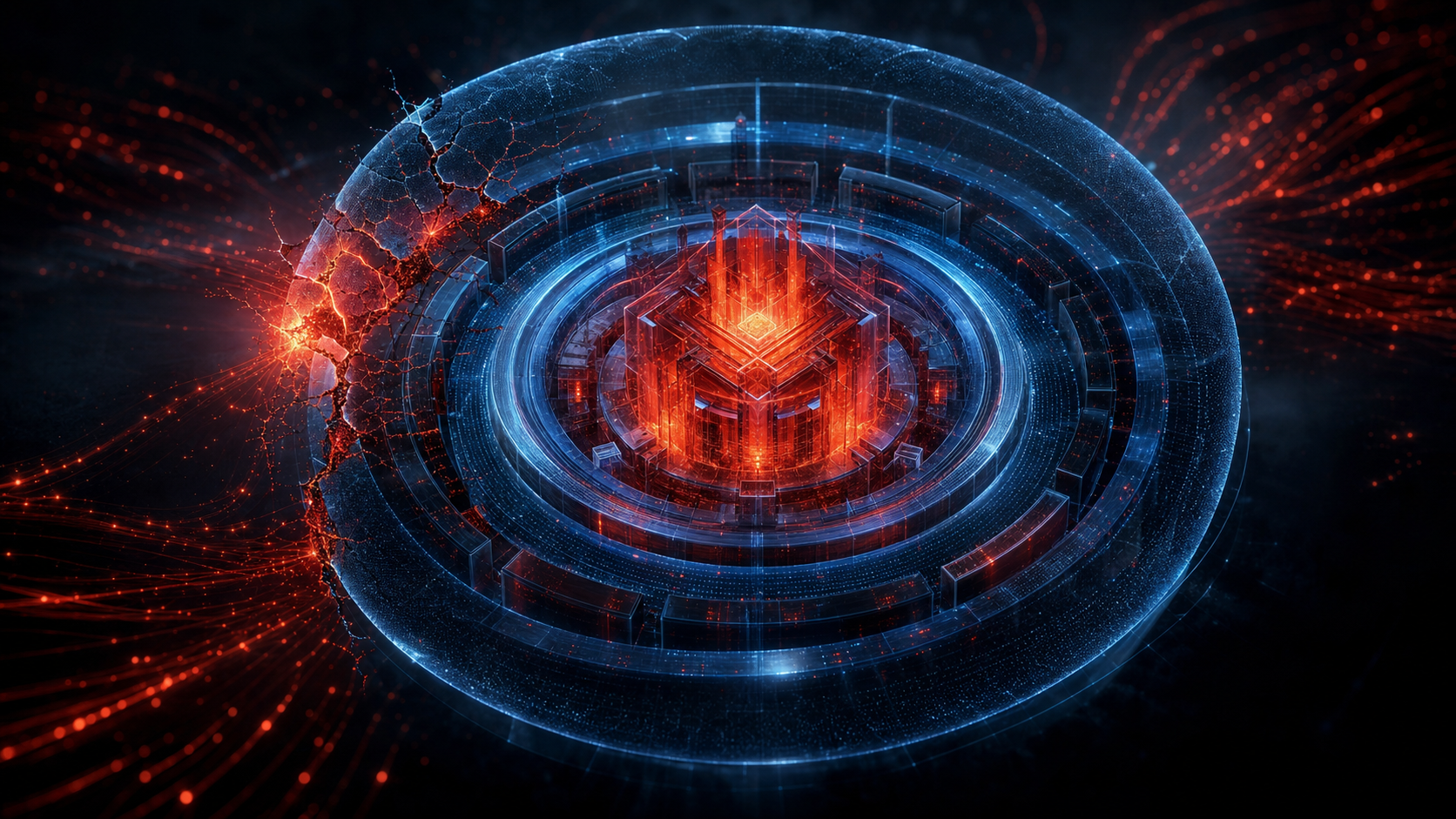 Abstract crimson and steel-blue visualization of a glowing fortified application core surrounded by concentric protective rings, with a cracked breach on the outer perimeter shell, representing layered defense for SAP NetWeaver and ABAP and the urgency of patching critical vulnerabilities.