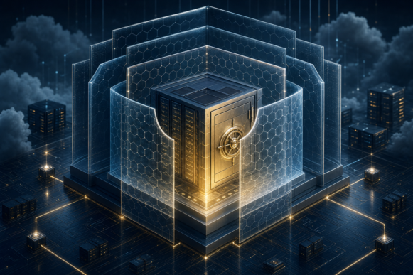 Conceptual illustration of a glowing secure data vault protected by layered hexagonal security shields inside a dark government cloud data center, representing SAP NS2's FedRAMP+ IL5 environment for defense ERP and control inheritance.