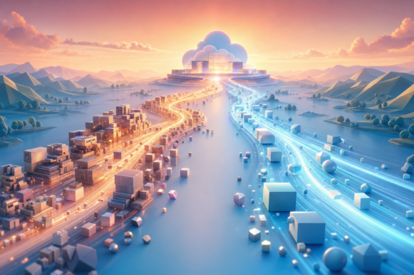 Two glowing data pathways, an intricate amber legacy route and a clean blue greenfield route, converging on a bright cloud-ERP platform at the horizon, representing two roads to SAP Cloud ERP through brownfield migration and greenfield build.