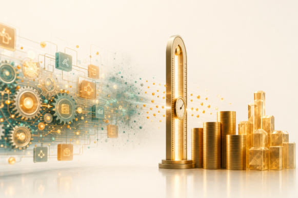 A flow of glowing AI workflow gears and process nodes passing through a single central measurement gate, where only measured activity crystallizes into gold value on the right, illustrating ROI-based AI transformation for SAP organizations.