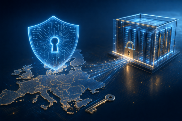 A glowing blue circuit-board shield with a keyhole hovering over a luminous map of Europe, with structured data streams flowing into a secured, padlocked data center core, representing SAP Sovereign Cloud data residency and governance for S/4HANA migrations.