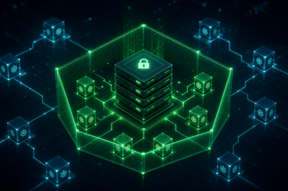 A glowing secure server stack with a padlock icon sitting inside a luminous green hexagonal sovereign boundary, surrounded by Kubernetes container nodes both inside and outside the zone, representing sovereign SAP infrastructure governance on T Cloud with SUSE.