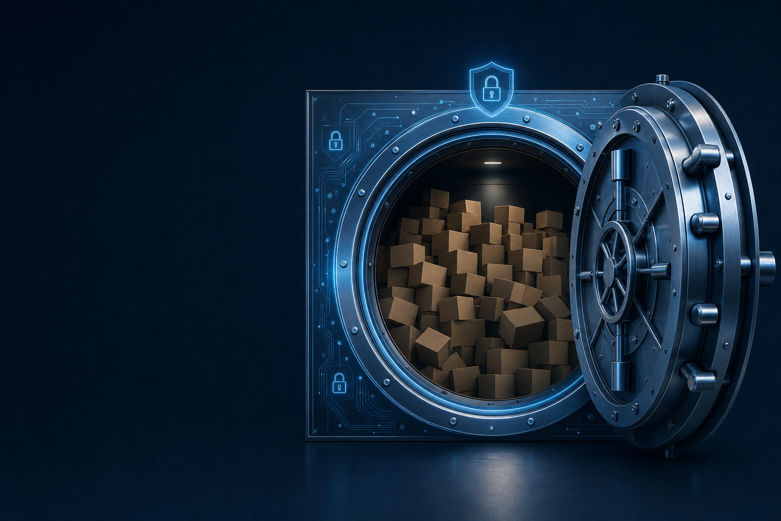 A glowing, cyber-secured steel bank vault marked with encryption and lock icons stands open, revealing dozens of plain unlabeled cardboard boxes stacked inside, illustrating how an IL4-hardened cloud can still hold ungoverned, audit-unready SAP data.