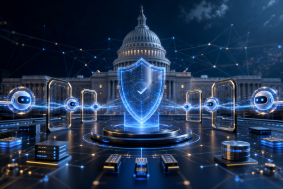 A glowing blue digital trust shield with a checkmark hovering above a control-plane platform, surrounded by AI agent orbs flowing through geometric approval gates, with a government capitol dome and enterprise data nodes in the background, representing Tricentis AI Workspace governance for AI-supported SAP quality engineering in the public sector.