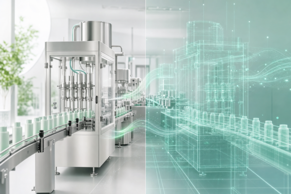 A consumer goods filling and packaging production line mirrored by a glowing teal holographic digital twin wireframe, representing the SAP Accenture digital twin partnership and AI-enabled smart manufacturing at Unilever.