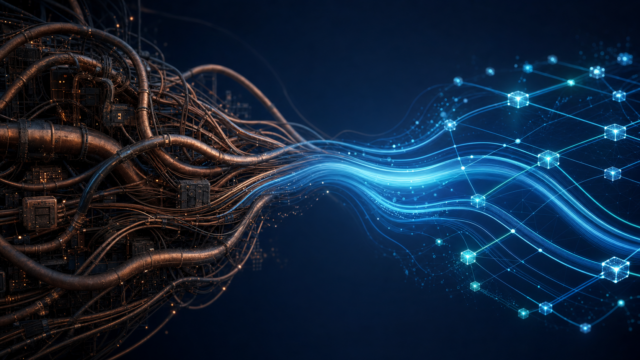 Tangled copper legacy SAP PI/PO middleware pipes on the left transforming into a clean glowing blue and teal orchestration fabric of connected data nodes on the right, representing Workato modernizing SAP integration debt into an AI-ready S/4HANA lay