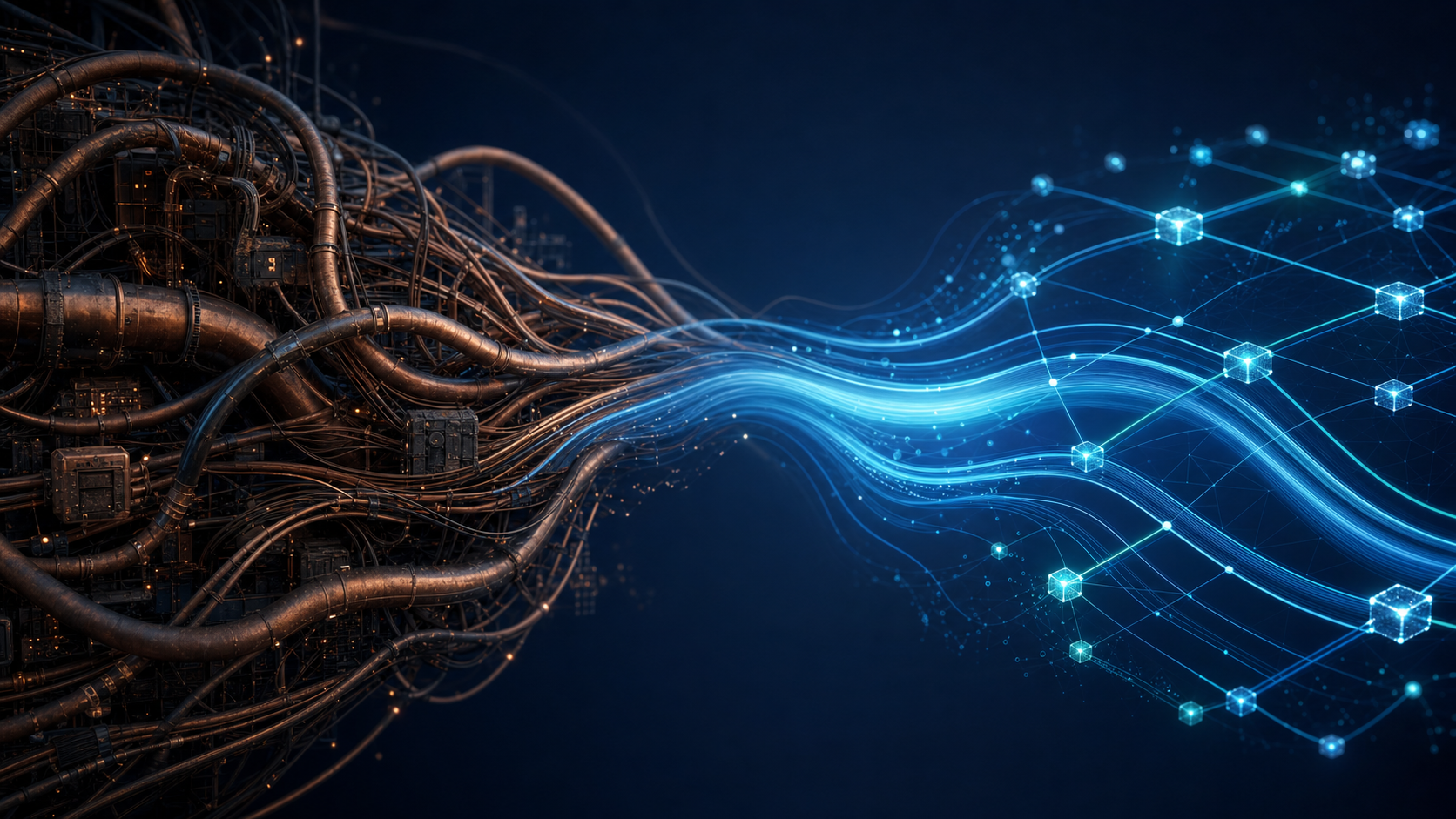 Tangled copper legacy SAP PI/PO middleware pipes on the left transforming into a clean glowing blue and teal orchestration fabric of connected data nodes on the right, representing Workato modernizing SAP integration debt into an AI-ready S/4HANA lay