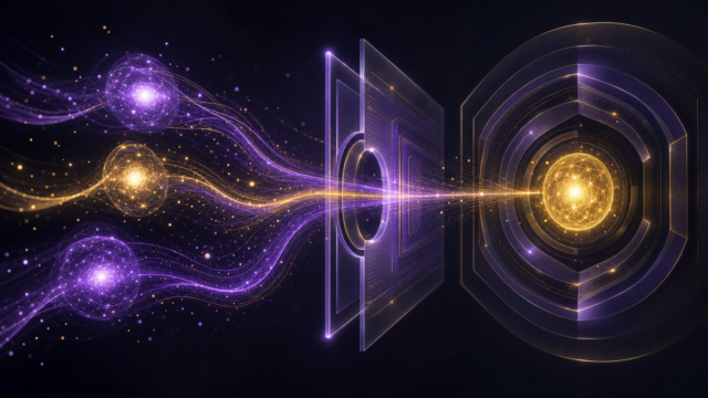 Glowing purple and gold AI agent spheres flowing through a structured translucent gateway into a protected luminous central core, representing AI agents connecting to the SAP S/4HANA core through a governed Model Context Protocol interface.