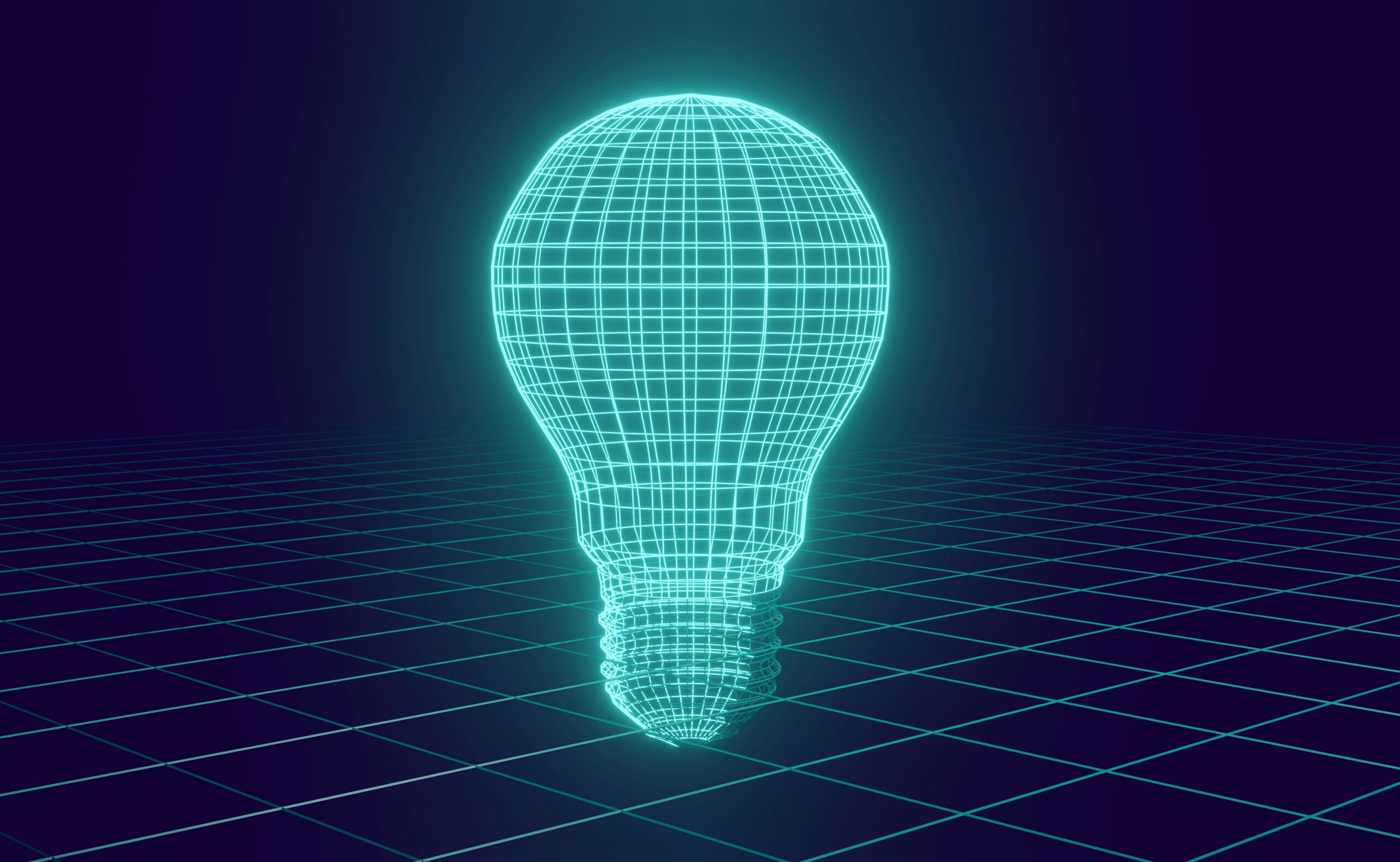 Glowing wireframe light bulb hovering above a digital grid, symbolizing the digital thread and data fabric concepts behind PLM-to-SAP integration and enterprise data virtualization