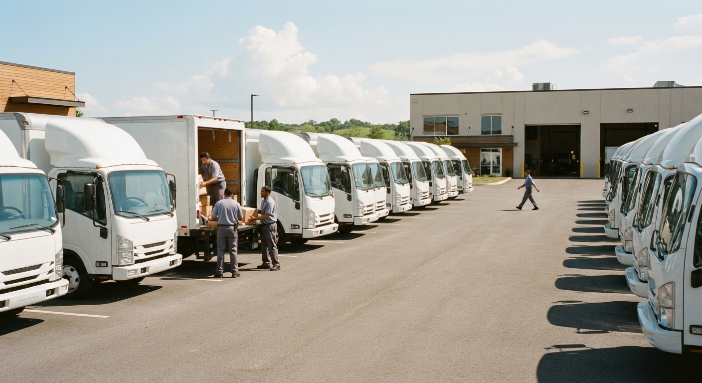 Workers load boxes into a fleet of white delivery trucks lined up outside a retail distribution center, representing SAP S/4HANA supply chain transformation with SAP EWM and SAP TM.